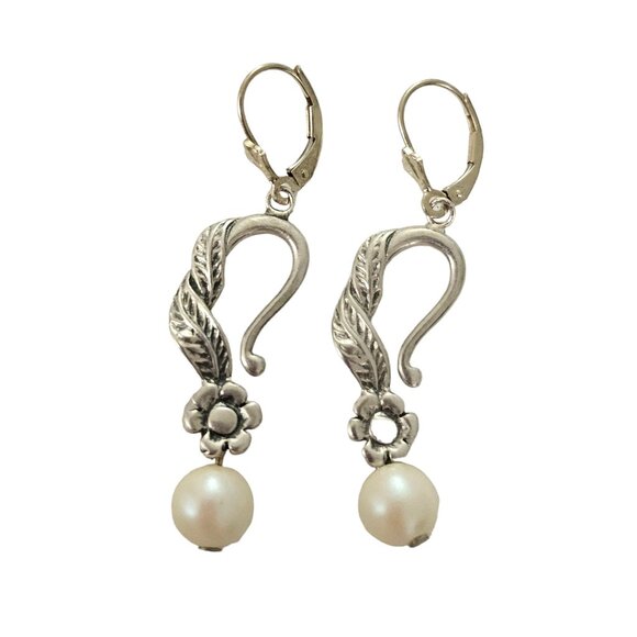Sterling Silver Leaf Scroll Flower White Bead Dangle Lever Back Earrings, L90 - Picture 2 of 5